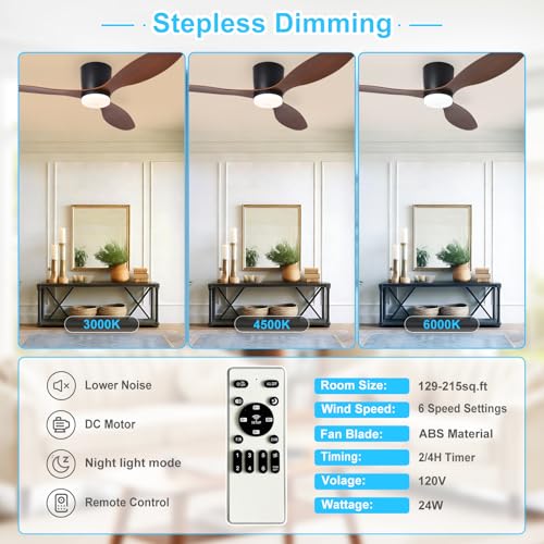 Image of Depuley Flush Mount Ceiling Fan: 52-Inch Black Ceiling Fans with Lights for Bedroom Indoor Outdoor - Low Profile Ceiling Fans with Remote Control 24W 3CCT Dimmable 3 Reversible Walnut Blades 6 Speeds