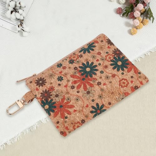 Image of GORGECRAFT Cork Coin Purse Portable Clutch Purse Vintage Daisy Floral Pattern Credit Card Holder with Zipper Coin Pocket Vegan Bag for Travel Cosmetic Make up Brushes Lipstick 3.4 x 4.7 inch