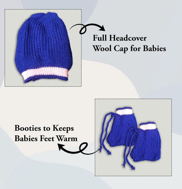 Image of Baby Unisex New Born Baby Boys Girls Soft Comfortable Trendy Woolen Round Neck Stripe Sweater Set with Payjami, Cap and Pair of Booties for Toddlers