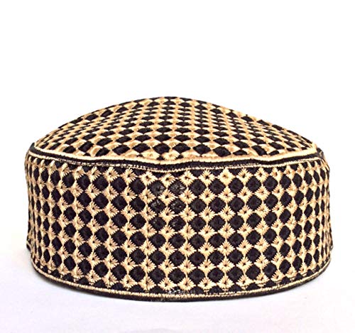 Ramdaan Hand Embroidered Kufi Cap Arabic Men's Koofi Prayer Topi (Golden, 58 cm)