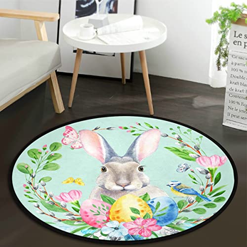 keepcute Round Rugs Forest Rabbits Floral Elements Cute Hand Drawn Rabbit Flowers Area Rug Linen Non Slip Carpet Yoga Mat Rug for Entryway Living Room Bedroom Home Decor 3'