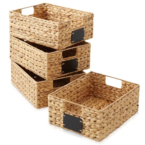 Casafield Set of 4 Water Hyacinth Pantry Baskets, 10" x 13" x 5", with Chalkboard Labels and Chalk Marker - Natural, Woven Storage Bin Organizers for Kitchen Shelves