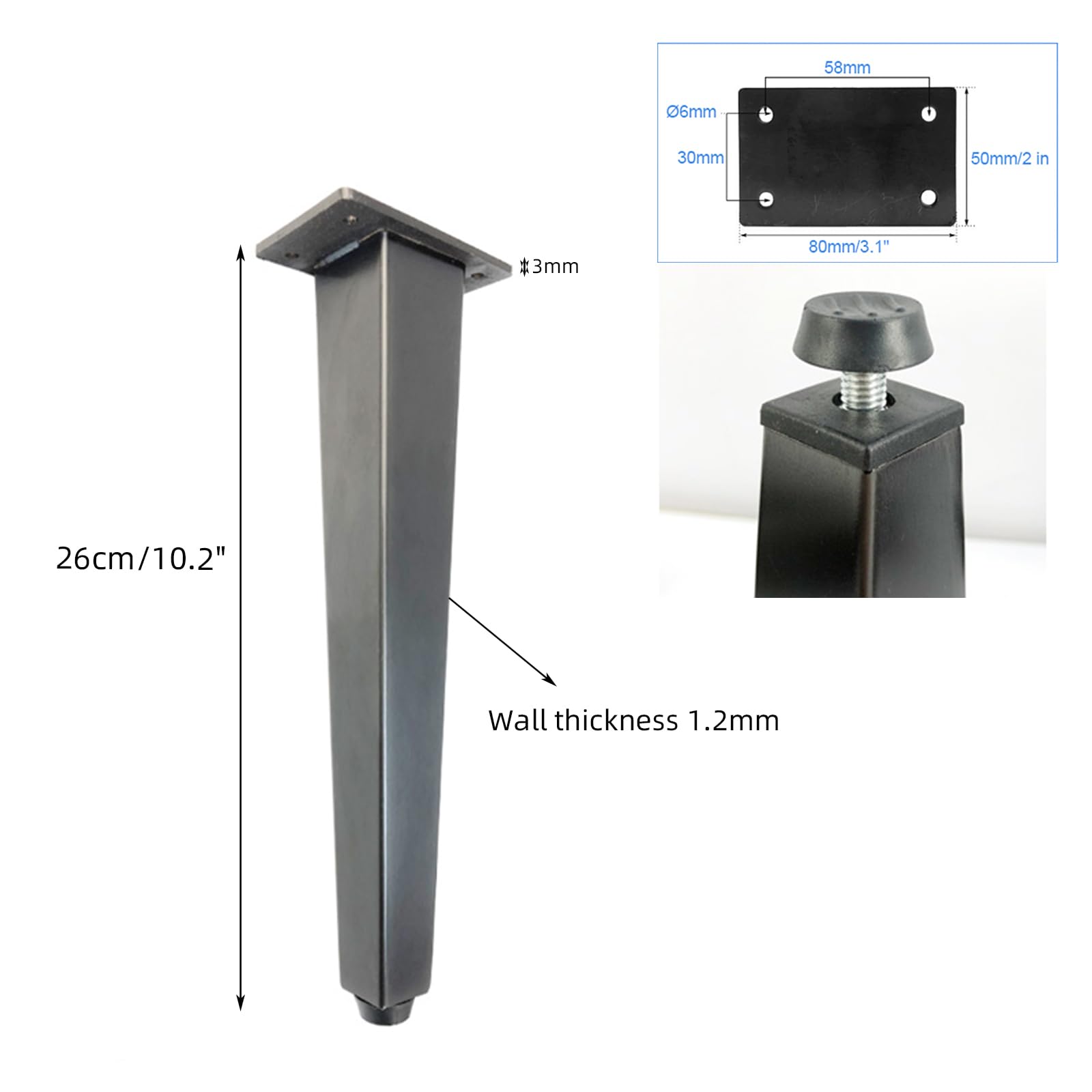 Generico Gambe per Mobili Piedini Regolabili Conici 4 Pezzi Piedini Regolabili per Tavolo Neri in Acciaio Inox Vernice Spray Piedini per Divano Altezza: 7-50,5 cm Piedini per Mobile 26 cm/10,2"