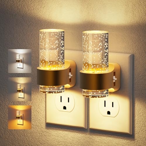Image of JandCase Night Lights Plug into Wall, Gold Night Light with 3 Colors, 2 Pack Dimmable Plug in Nightlight, Dusk to Dawn Sensor, Adjustable Brightness, 3000K /5000K /Amber for Bathroom Hallway Home Decor