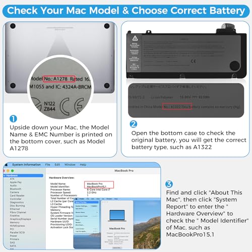 Image of A1278 Battery, A1322 Battery Replacement for MacBook Pro 13 Inch A1278 [Mid 2012 2010 2009 Early 2011 Late 2011] (Upgraded High Performance 63.5Wh 11.6V 6000mAh Li-Polymer)