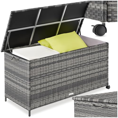 tectake® Coffre de rangement exterieur en rotin, 116 x 54 x 64 cm, Coffre de Jardin 253L, Structure en Aluminium, 2 Roulettes pivotantes, Frein de blocage,...