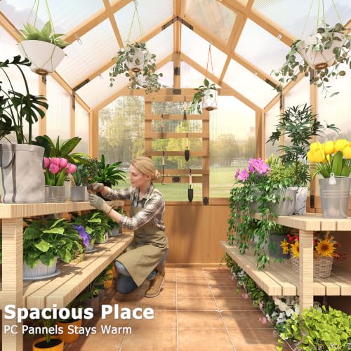 Image of EROMMY 6x8 FT Wooden Greenhouse for Outdoors, Walk-in Greenhouse Kit with 4mm Polycarbonate Panels, Adjustable Roof Vent and Lockable Door, Outdoor Greenhouse for Backyard Garden