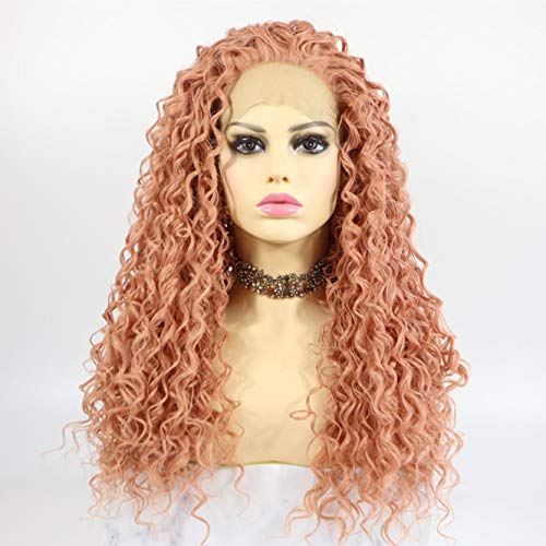 Lucyhairwig Rose Gold Curly Synthetic Lace Front Wigs Medium Density Peach Pink Heat Resistant Fiber Hair Natural Looking Women Wigs 24Inch