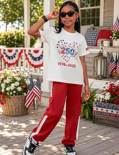 Image of Girls 2 Piece Outfit, Graphic Short Sleeve T-Shirt and Cargo Jogger Sweatpants Set, Ages 4-13