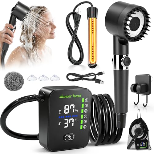 Portable Shower with Heater 8000Mah Battery Powered Portable Camping Shower with 2000W Auto-Off Heater Outdoor Heated Camping Shower Portable Heated Shower Pump with Larger Digital Display & 6 Spray