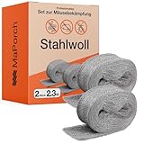 MaPorch Stahlwolle - 2 Rollen (8cm x 2,3 m) - Vielseitig zum Reinigen & Polieren - Lückenblocker für Wände, Rohre, Fenster - DIY-Set mit Handschuhen & Schere - Stahlwolle gegen Mäuse & Schnecken