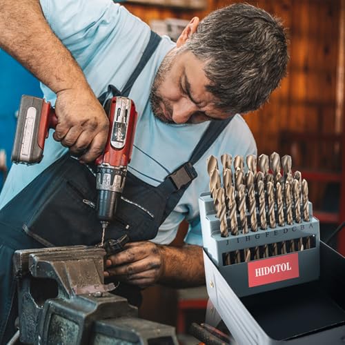 Image of HIDOTOL 26PCS Cobalt Letter Drill Bit Set M35 HSS Twist Jobber Drill Bits for Hardened Metal, Stainless Steel, Cast Iron, Plastic and Wood Letter A-Z with Indexed Metal Case