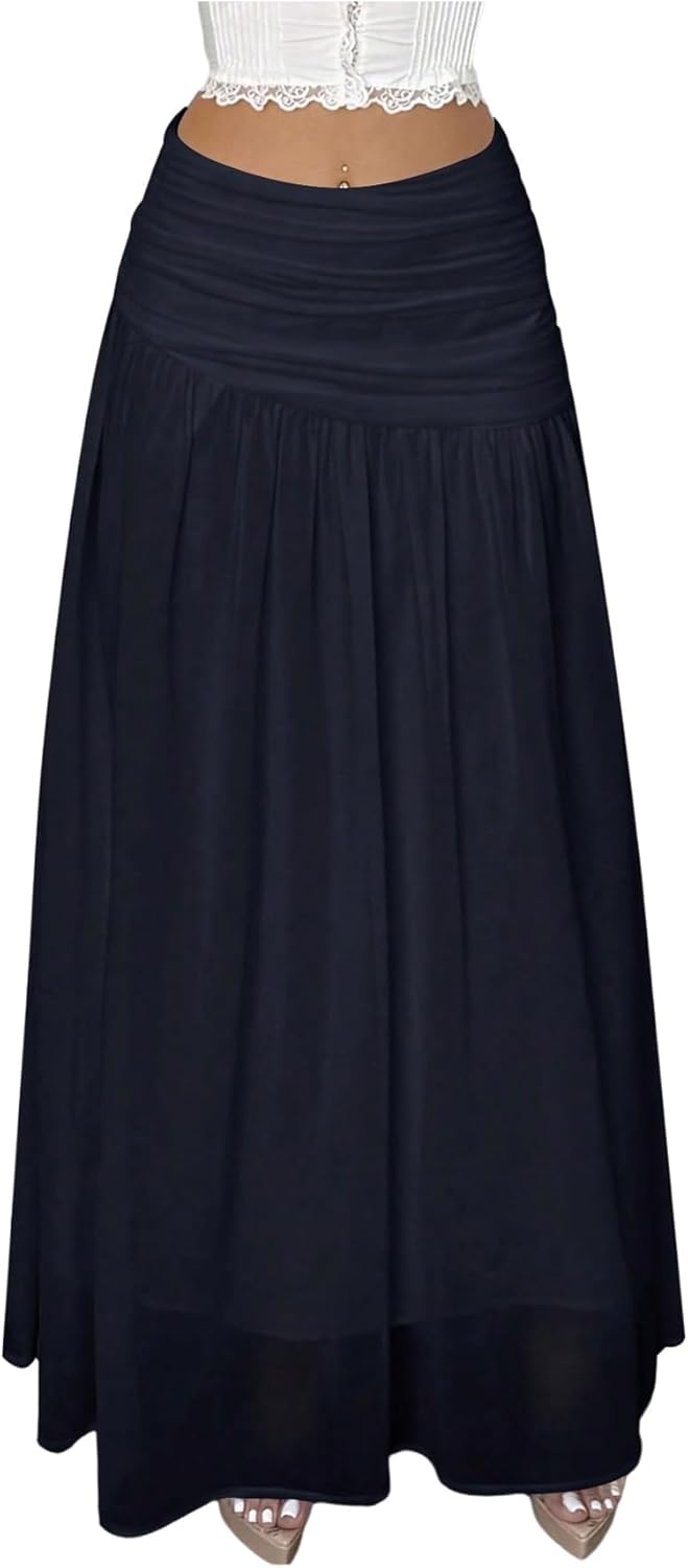 Women's Ruched Ruffle Layered Maxi Skirts Elegant Sheer Mesh Flowy Vacation A Line Long Skirt