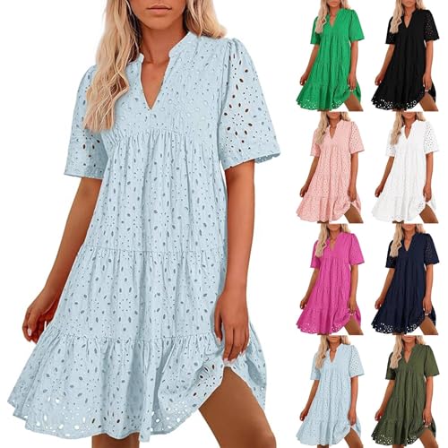 Cihdmfb Sommerkleider Damen Elegant Einfarbig Lochstickerei Kleid Lässige V Ausschnitt Kurzarm Blusenkleid Leicht und Luftig Midikleid Mit Ösen...