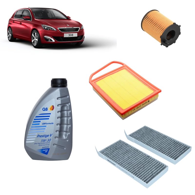 Kit tagliando 3 filtri + 4L olio 5W-30 Q8 compatibile con Peugeot 308 ii 1.6 HDI/BLUEHDI 115 Gasolio 2013-2021