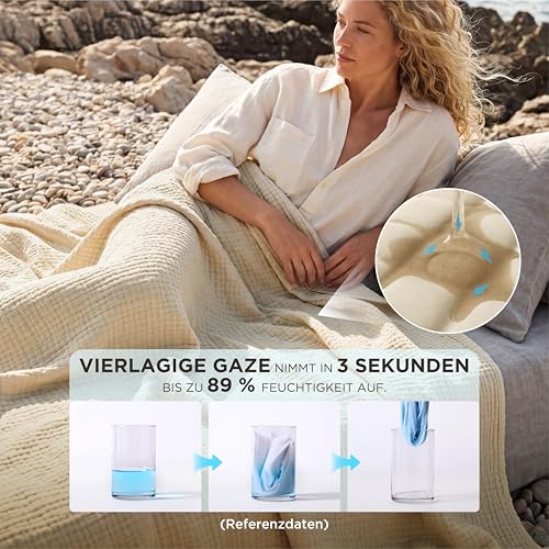 BEDSURE Musselin Decke 100% Baumwolldecke - Tagesdecke, Beige, 230x270 cm – Ansicht 3