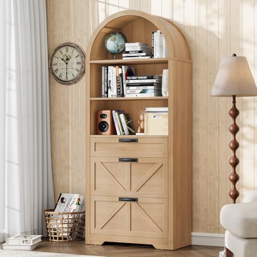 Image of Vabches 71 inch Tall Arched Bookcase with File Cabinet Drawer, Farmhouse Freestanding Wooden Bookshelf, 3-Tier Large Open Display Storage Shelves for Home Office Living Room, Natrual
