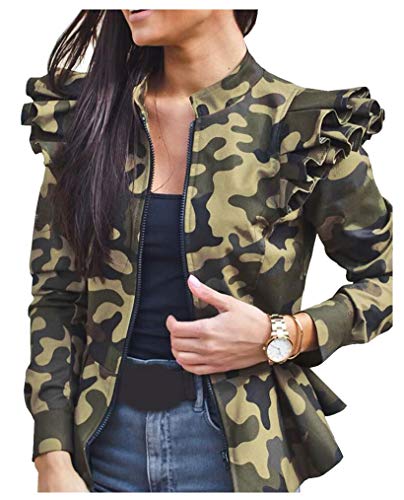 LifeShe Women's Zip up Ruffle Sleeve Peplum Camo Jacket Blazers