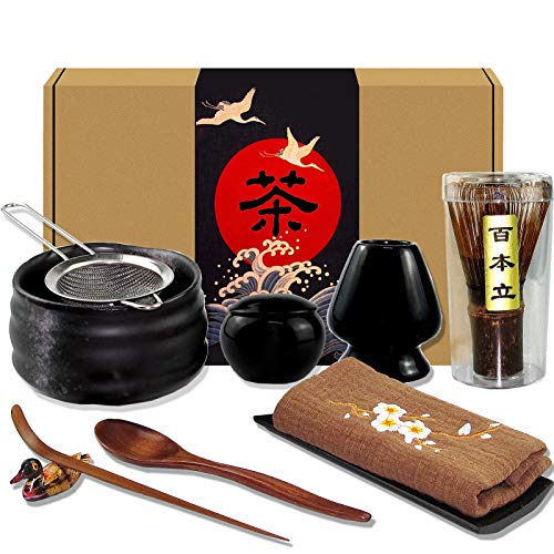 Artcome 10Pcs Japanese Matcha Tea Set, Matcha Bowl, Matcha Whisk, Whisk Holder, Traditional Scoop, Tea Spoon, Tea Cloth, Bamboo Holder, Scoop Holder, Matcha Powder Caddy, Matcha Powder Strainer(Black)