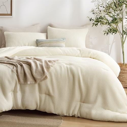 Image of Bedsure Cream King Bed Comforter Set, Waffle Breathable Bedding Set, All Season Comforter with 3 Pieces, 1 Waffle Weave Comforter (104 inchx90 inch) and 2 Pillowcases (20 inchx36 inch)