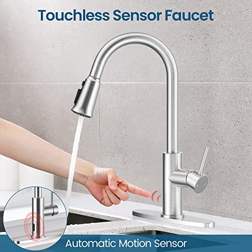 Lepo Touchless Sensor Pull Out Kitchen Sink Faucets, Automatic Motion Smart Brushed Nickel High Arc Kitchen Faucet With Pull Down Sprayer, Touchless Faucet Suitable For 1 Hole 3 Holes (Brushed Nickel) #TOP4