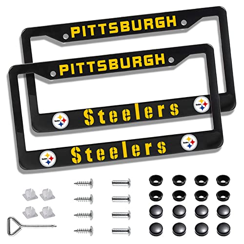 2Pack License Plate Frames for Steelers Sport Fans Rustproof Anti-Dirty Aluminum Alloy US Standard License Plate Holder with Screw Caps Cover (Black)