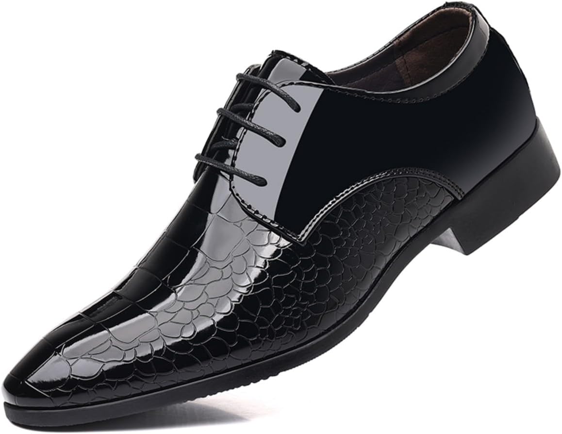 Men's Crocodile Print Patent Leather Oxfords - Formal Business Lace-Up Dress Shoes for Wedding Prom Tuxedo