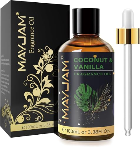 MAYJAM 100ML Coconut & Vanilla Fragrance Oil Essential Oil, 3.38FL.OZ Large Volume Coconut & Vanilla Oil for Diffuser, Great for DIY Soap and Candle Making
