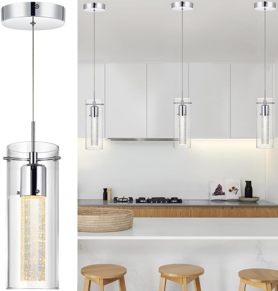 1-Light Mini Pendant Light, Integrated LED Kitchen Island Lighting, Modern Chandeliers for Dining Room Light Fixture Over Table, Hanging Light with Crystal Bubble Glass, 9W,Chrome Finished,ETL Listed