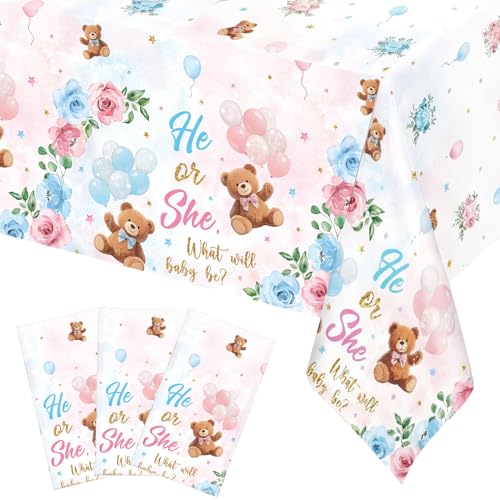 Image of Ganeen 3 Pcs Bear Gender Reveal Tablecloths Disposable Plastic He or She Gender Reveal Bear Decorations Blue Pink Baby Shower Rectangle Table Cover Waterproof for Baby Shower Party, 54 x 108 Inch