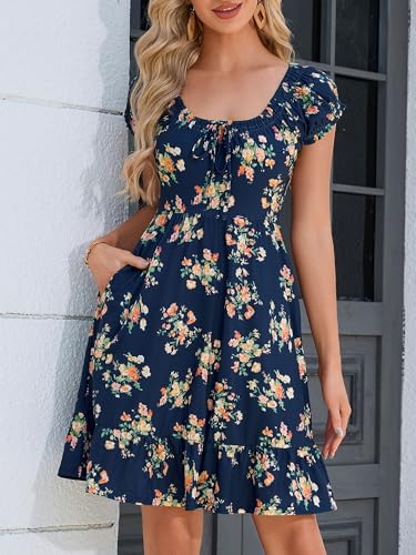 Image of HUHOT Teen Petite Women Floral Short Summer Mini Dresses with Pockets Cute Milkmaid Sundress 2026