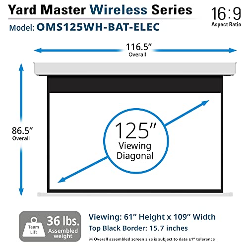 Image of Elite Screens Yard Master Wireless 125 inch Outdoor Motorized Projector Screen 16:9, Battery Powered, RF Remote, IPX3 Weather Resistant, 4K /8K Ready, Patio Home Theater OMS125WH-BAT-ELEC