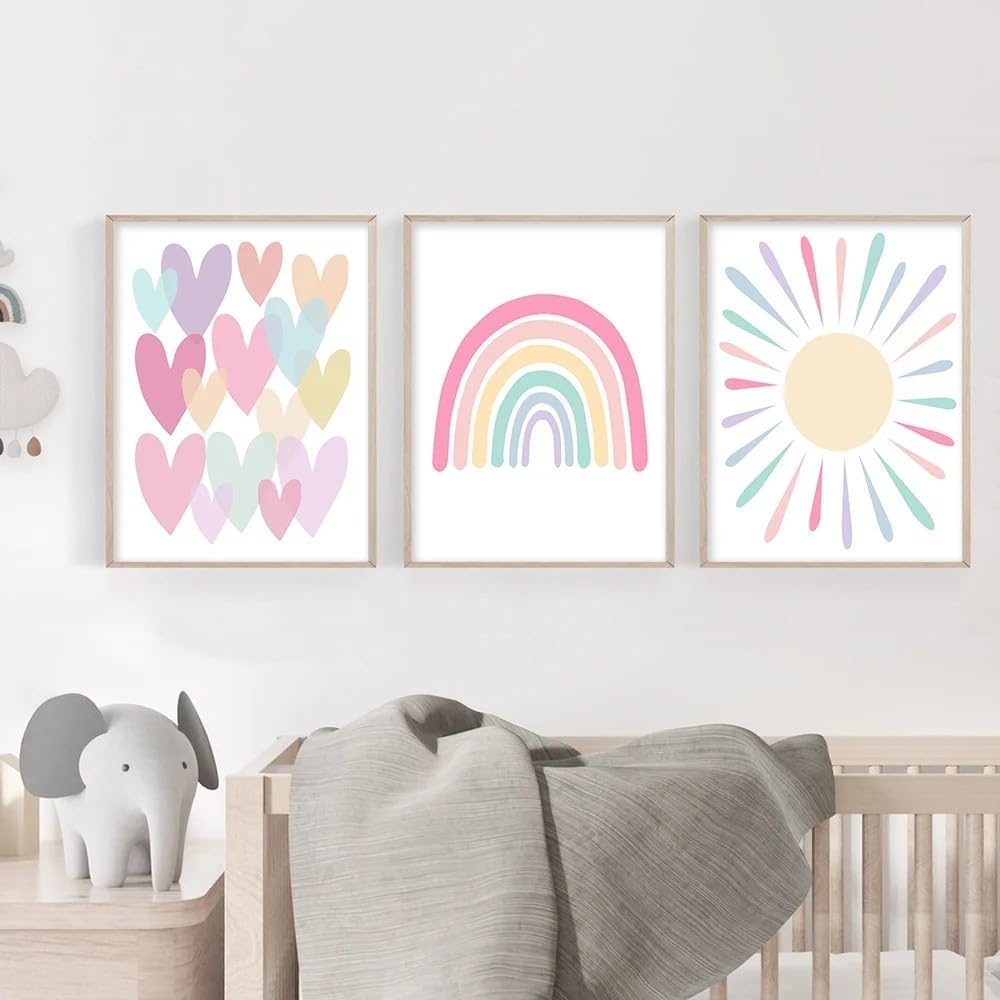 Bilder Kinderzimmer Poster Regenbogen Herzen Boho Wandposter, Bilder Set Junge Mädchen Babyzimmer Kinderbilder, Wandposter Premium, Ohne Rahmen (50x70cm)