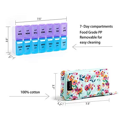 Image of Weekly Pill Organizer 2 Times a Day, Zumd Pill Box 7 Day with Cute Quilted Fabric Zipper Case, Travel Pill Case Am Pm for Vitamin Medicine Organizer