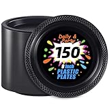 WELLIFE Black Plastic Plates 9 Inch -150 Count for Party, Plastic Disposable Dinner Plates for Halloween Picnic BBQ