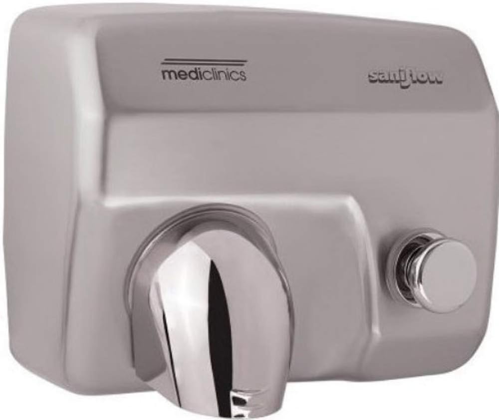 E88CS-UL Push Button Operated Hand Dryer, Steel One-Piece Cover with Steel Satin Finish, 1/16" (1.5 mm) Thick Steel Cover, 5800 r.p.m., 62 mph Air Velocity, 29 Sec. Drying Time