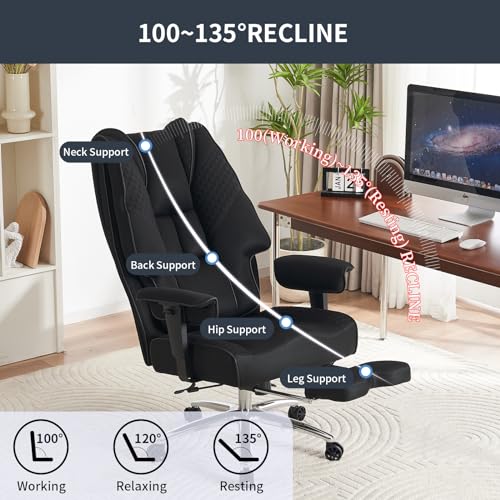 Big and Tall Office Chair 400lbs Wide Seat, Leather High Back Executive Office Chair with Foot Rest, Ergonomic Chairs Lumbar Support for Lower Back Pain Relief (Mesh Black)