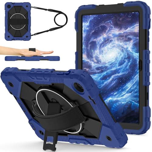 For T-Mobile Revvl Tab 2 2025 Lanzado 10.1 pulgadas Estuche resistente a prueba de golpes Cubierta PC silicona híbrida con soporte giratorio 360 ​​​​°, antiarañazos, hombro ajustable(Navy Blue)