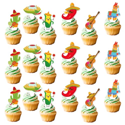 48pcs Mexican Fiesta Cupcake Supplies Birthday Party Cupcake Toppers for Kids Gift Party Favors Mexican Fiesta Birthday Party cake Decoration Supplies
