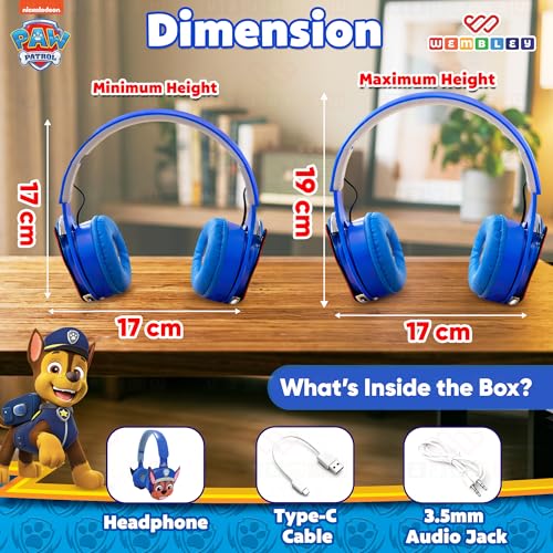 Image of Wembley Paw Patrol Kids Wireless Bluetooth Headphones with Mic | Foldable Over Ear Headphones for Boys & Girls 3-8 Years | 90dB Safe Volume, AUX & USB Charging | Travel, Study & Music