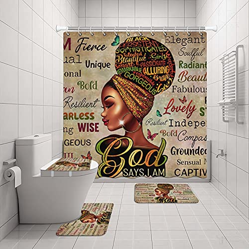 Black Queen God Says I Am Shower Curtains Bathroom Sets With Non-Slip Rugs,Toilet Lid Cover And Bath Mat,Afro Girl Magic Shower Curtain With 12 Hooks… #TOP1