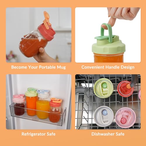 Image of Soligt 6 Pack Colorful Mason Jar Lids, Regular Mouth Pour Spout Flip Cap Lids for Ball Brand Mason Jars, Leakproof, Portable & Refrigerator Safe (2 Gray Blue Lid, 2 Light Green, 2 Watermelon Red)