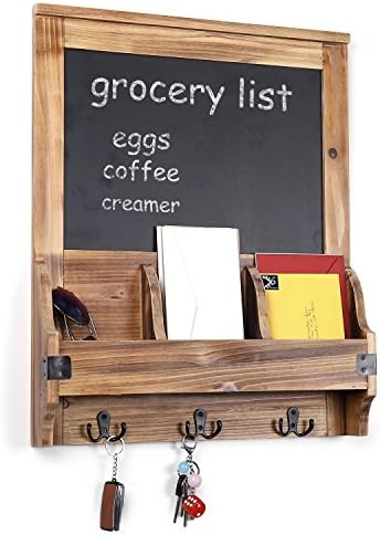 MyGift Rustic Burnt Wood Wall-Mounted Entryway Chalkboard Sign Organizer  with 3 Dual Key Hooks and 3 Storage Compartments