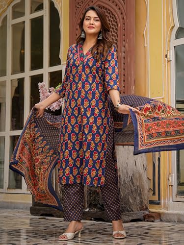 Image of Arayna Women's Cotton Printed Kurta Set with Pants & Dupatta - 3 /4 Sleeve | Elegant Ethnic Wear