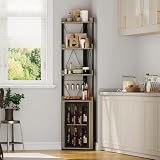 Eck-Barregal & Weinschrank im Industrie-Stil – mit Glashalter, verstellbaren Regalböden, Mesh-Tür, Sideboard & Stauraum – freistehend für Wohnzimmer, Küche oder Esszimmer – 5 Ebenen – Grau Holzdekor