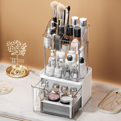 Nohozi Mini 2-Tier 1-Drawer Bathroom Countertop Organizer, Multi-Purpose Makeup Organizer Countertop, Skincare Organizer Storage Rack for Vanity, Cosmetic Organizer for Dresser