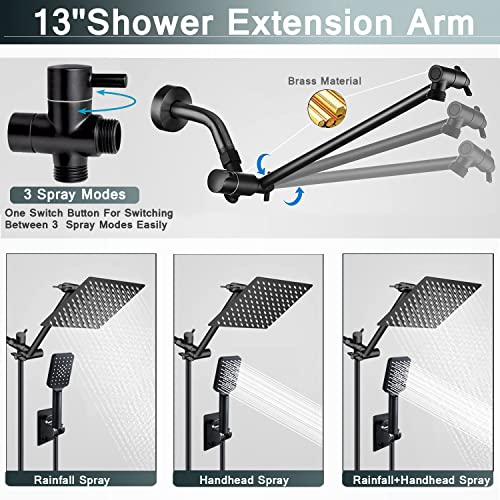 Shower Head,12 '' High Pressure Rain/Rainfall Shower Head/Handheld Showerhead Combo,13'' Brass Adjustable Extension Arm,3-Spray,78-Inch Hose Adhesive Showerhead Holder,Black Shower Heads #TOP3