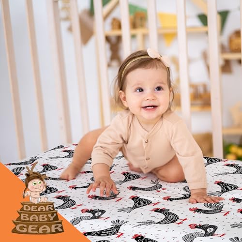 Image of Dear Baby Gear Deluxe Crib Sheet - Farm Design Soft Cotton Polyester Baby Bedding - Infant Bed Sheets - Toddler Mattress Protector (Chickens & Roosters Black White & Red Print, 52x28x10)