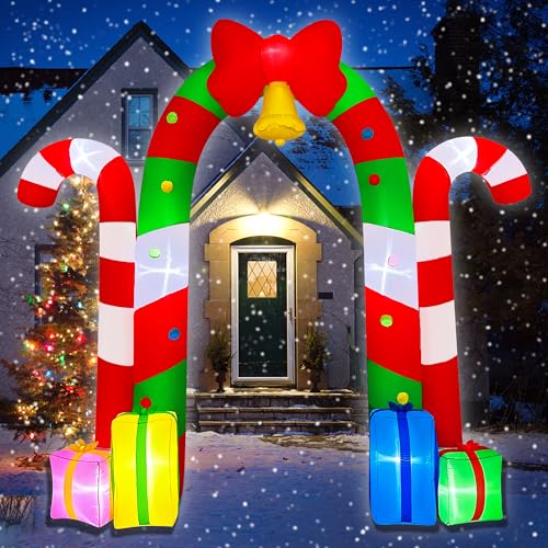 BLOWOUT FUN Christmas Inflatables 10FT Giant Candy Archway with Gifts Bow Bell Blow-up Xmas Decoration with Built-in LED Lights & Blower for Indoor Outdoor Holiday Party Art Decor