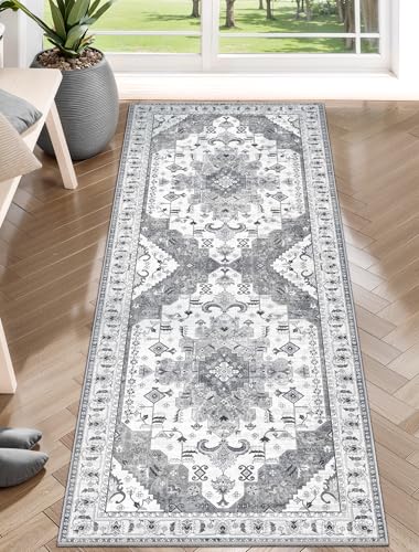 SERISSA Boho Washable Runner Rug, 2x5 Rug Runner Non-Slip Vintage Grey Hallway Kitchen Runner Rug Ultra Soft Print Distressed Floor Carpet Runner for Bedroom Bathroom Laundry Living Room